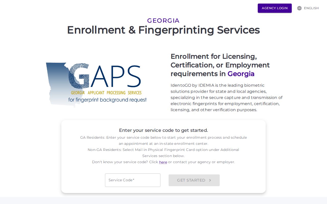 Georgia GAPS IdentoGO fingerprint appointment screen