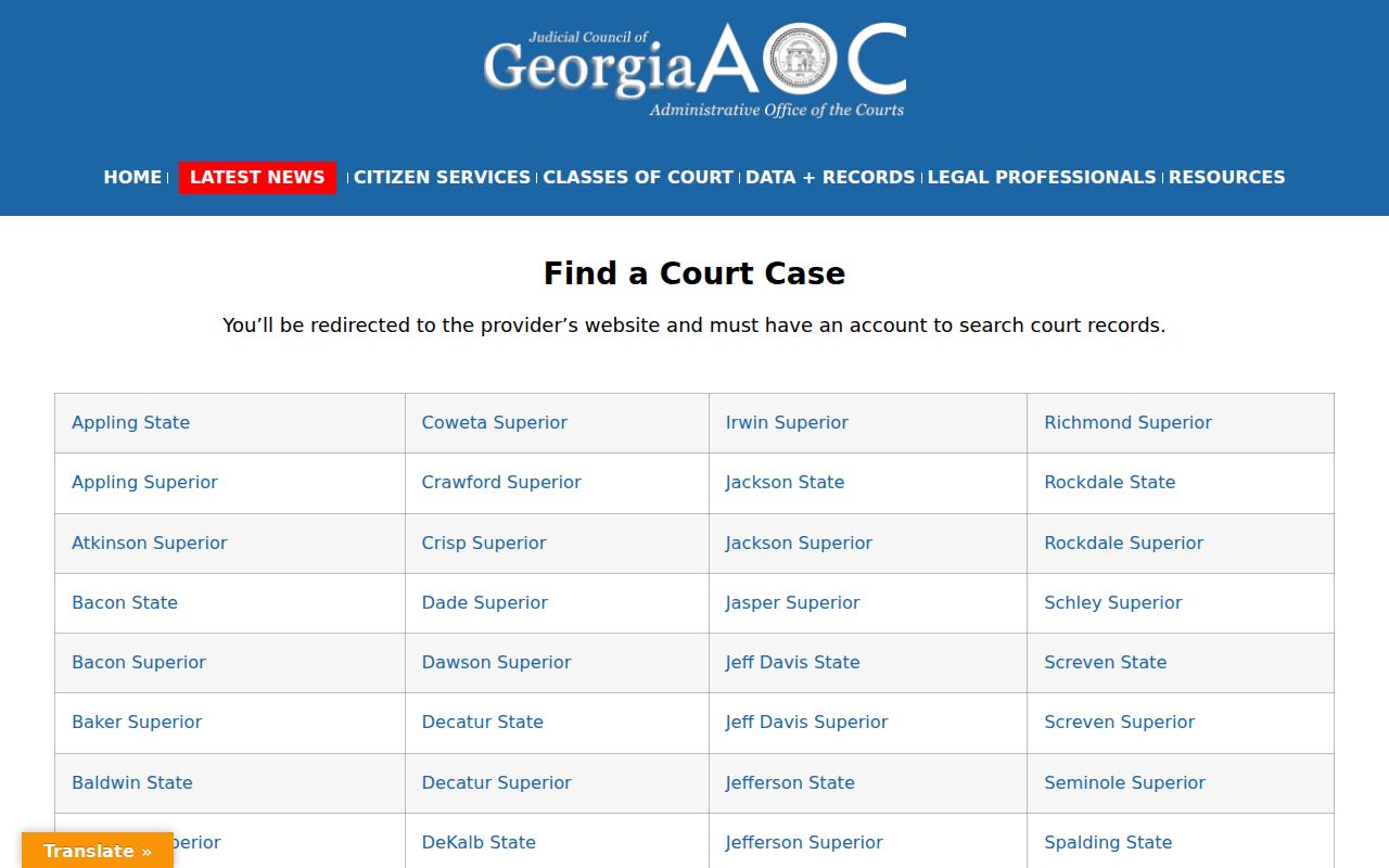 Georgia Courts E-Access directory used for Rabun County court record routing